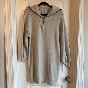 Gray Zip Up Sweater Dress with Quarter-Zip and Collar